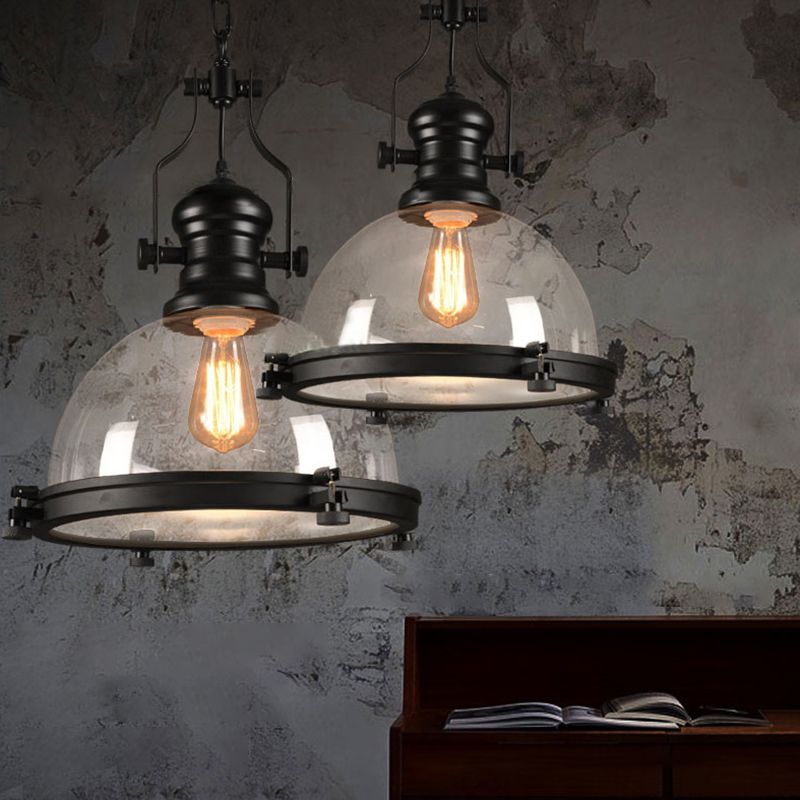 Zwarte kom hanglamp industrieel vintage 1 licht helder glazen eetkamer plafond hanglampje