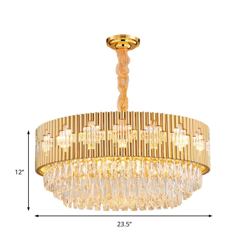 Circular Chandelier Pendant Light Vintage Metal Multi Light Hanging Lamp with Crystal Prism in Gold