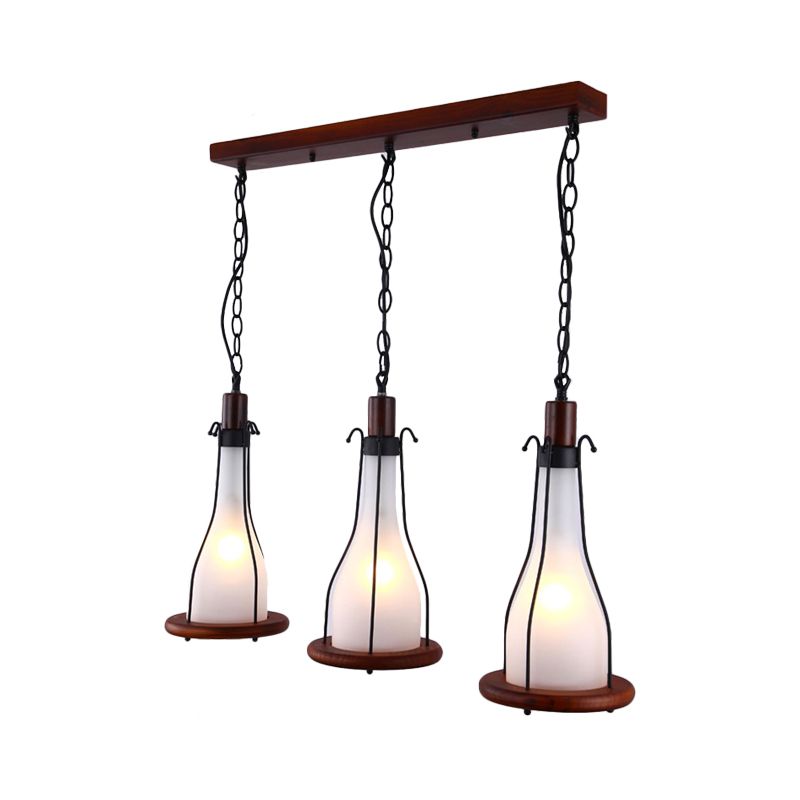 Brown Bottle Cluster Pendant Light Warehouse Yellow/White Glass 3 Heads Dining Room Ceiling Fixture with Wood Linear Canopy