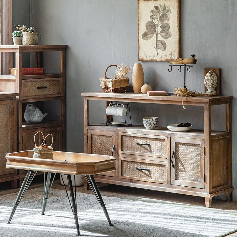 Farmhouse Wood Sideboard Table 2 Doors Open Storage with 1/2 Drawers for Dining Room