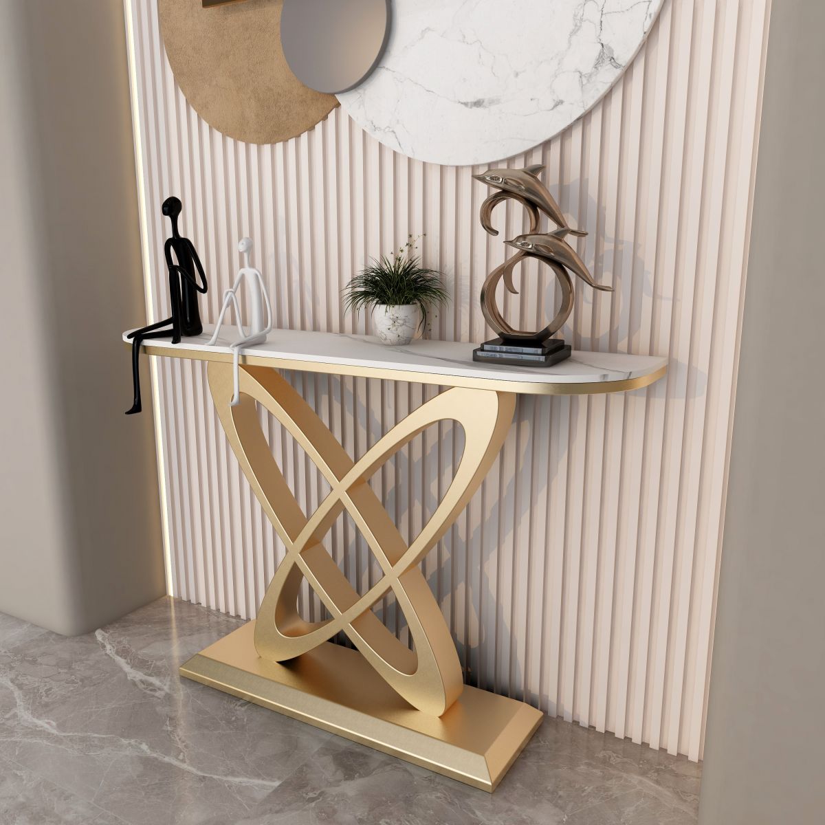 Contemporary Half Moon Console Table with Pedestal Base Accent Table