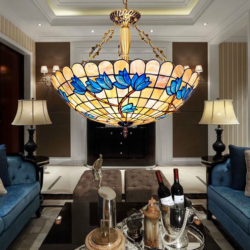 Country Scalloped Edged Semi Flush Light Stained Glass 4 Heads Tulip Semi Flush Mount for Living Room