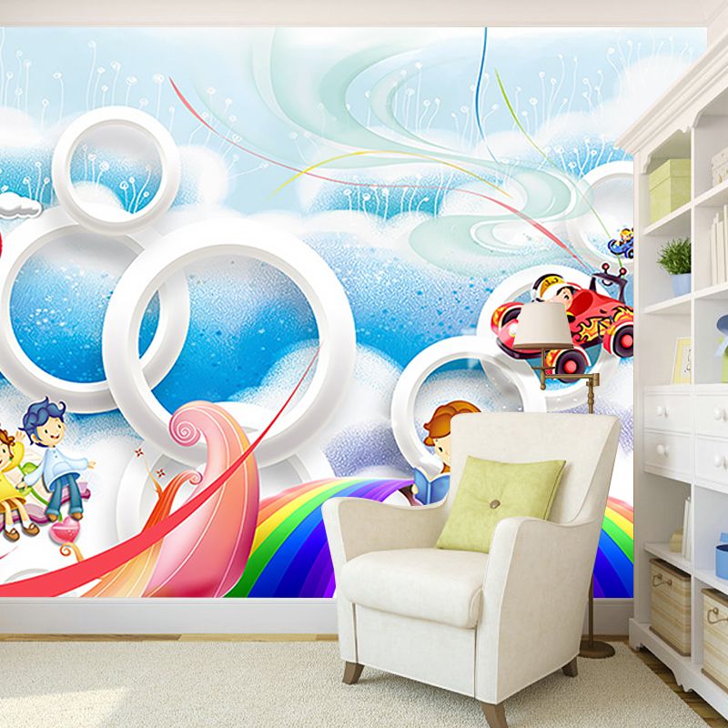 Non-Woven Stain Resistant Murals Childrens Art Adventure Wall Covering, Blue and White