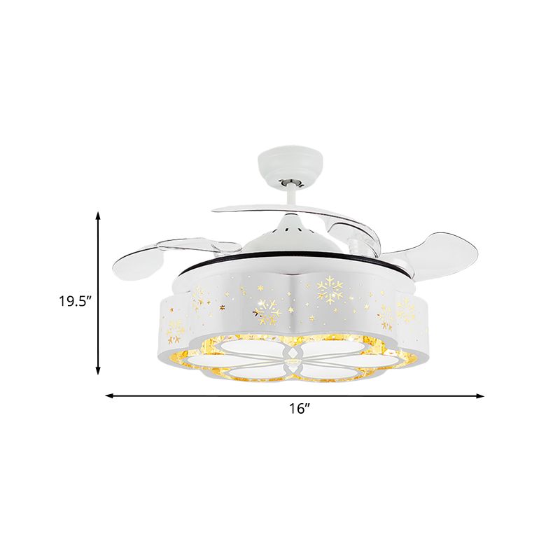 16" W White Floral/Drum Ceiling Fan Light Modern Crystal Bedroom LED Semi Flush Mount with 3 Retractable Blades