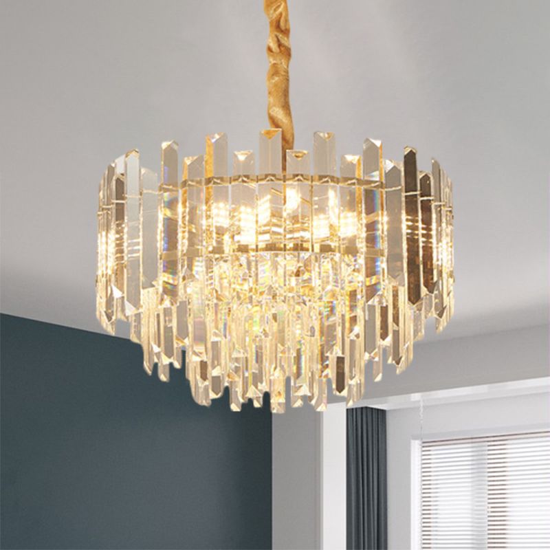 8/10 Bulbs Pendant Light Fixture Contemporary Drum Clear Crystal Prismatic Hanging Chandelier, 18"/23.5" Wide