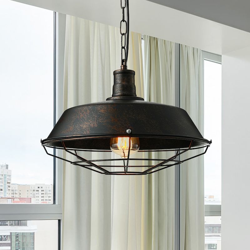 Rust Finish 1 Light Ceiling Light Retro Metallic Barn Pendant Lamp with Wire Guard for Living Room