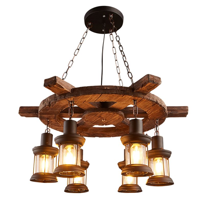 Clear Glass Lantern Suspension Lamp Nautical Living Room Ceiling Chandelier in Wood