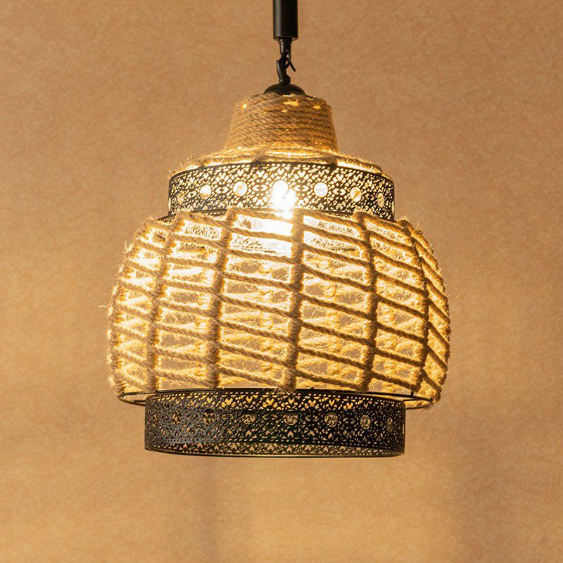 1-Light Hollowed out Ceiling Hanging Lantern Brown Hand-Wrapped Rope Pendant Lighting Fixture