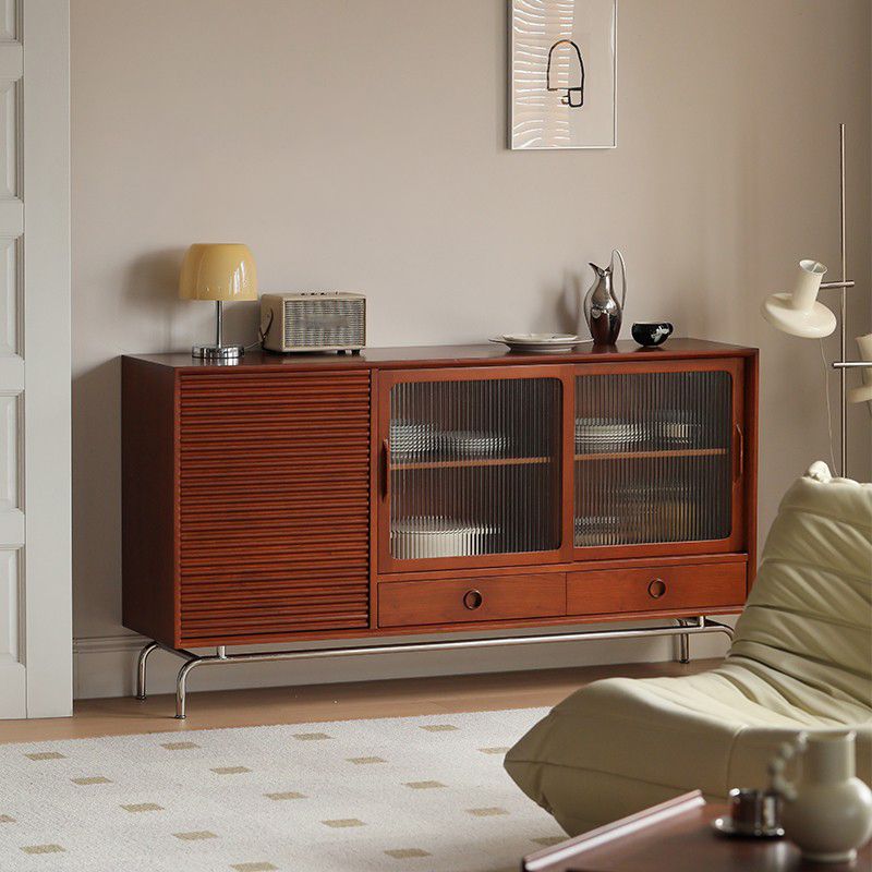 Contemporary Glass Doors Sideboard Cabinet with Storage in Brown