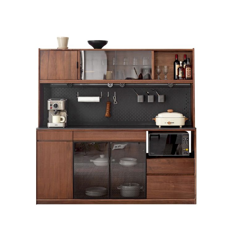 Modern Solid Wood Sideboard with 3 Drawers Glass Door in Brown