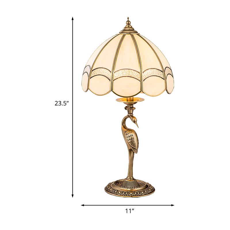 1/2-Light Dome/Bowl Night Lamp Traditional Gold Finish White Glass Nightstand Light with Peacock/Elliptical Frame Design