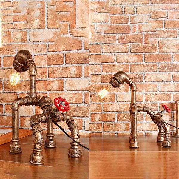 1-Light Dog Table Lamp with Water Pipe Industrial Black/Bronze Wrought Iron Table Lighting for Restaurant