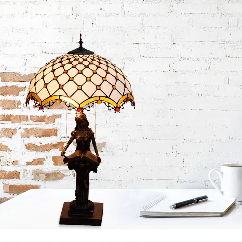 2-Light Reading Girl Table Light Tiffany Bronze Resin Pull Chain Night Lamp with Bird Blue-Brown/Net Yellow-White Glass Shade