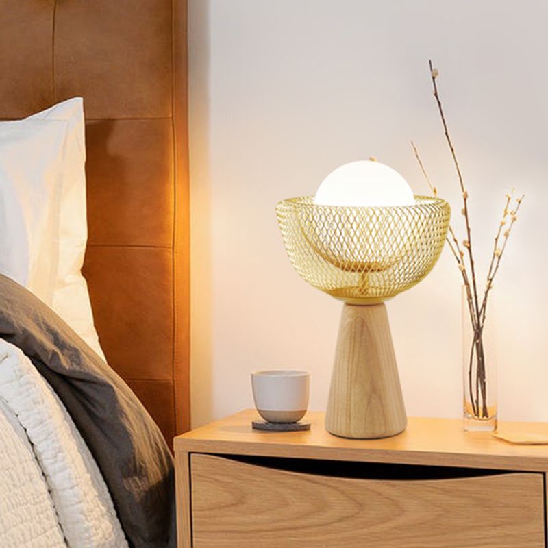 Bowl Nightstand Lighting Modernist Metal 1 Bulb Bedroom Wood Desk Light in Beige with Ball Opal Glass Shade