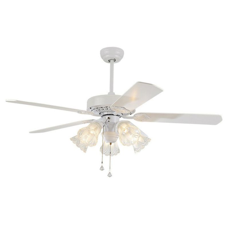 5 bollen hanglamp ventilator licht rustieke woonkamer 5-blade semi-montage verlichting met klok gesneden glazen schaduw, 52 "breed