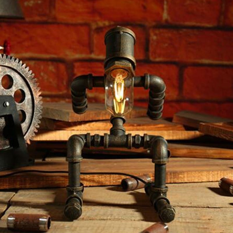 Iron Pipe Robot Night Table Light Cyberpunk Single-Bulb Boys Room Nightstand Lamp in Brass/Copper