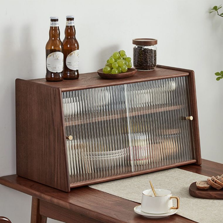 Contemporary Solid Wood Sideboard Cabinet in Brown with Glass Doors