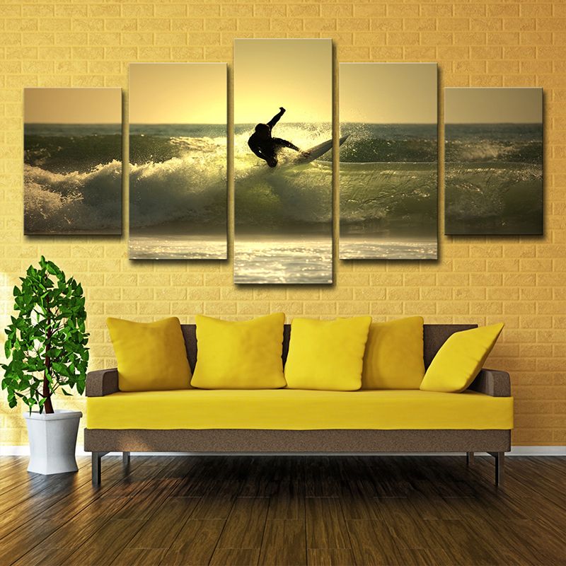 Surfing at Dusk Wall Art Decor Contemporary Multi-Piece Living Room Canvas Print in Yellow