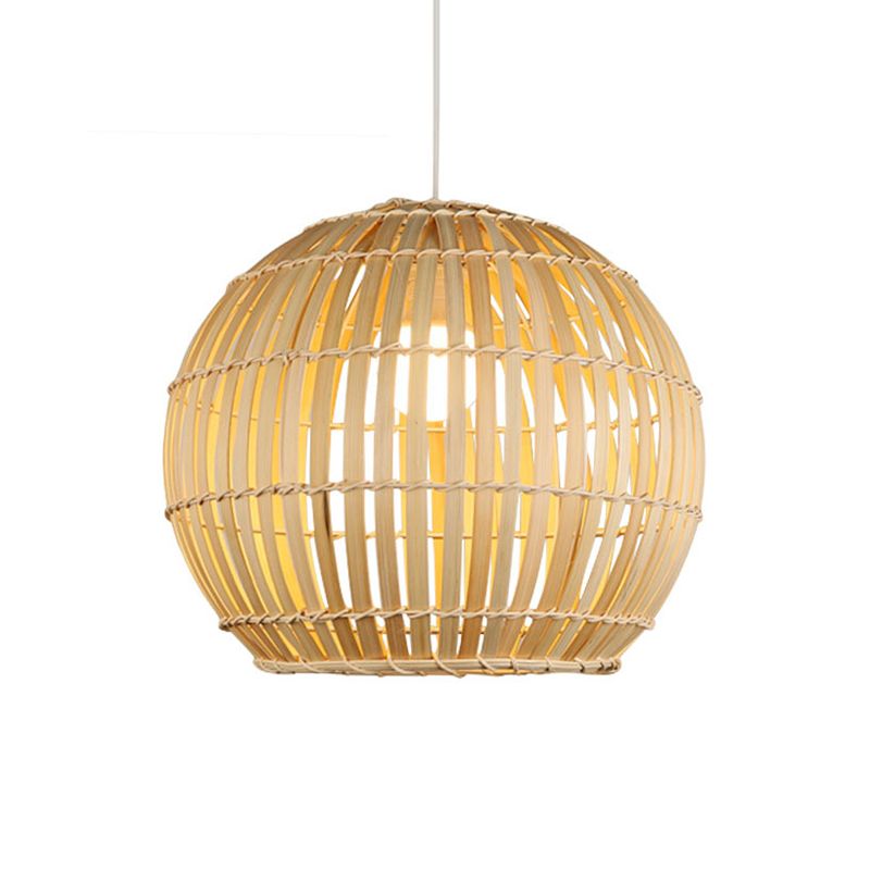 Bamboo Hand-Knitted Hanging Pendant Light with Globe Shade Modern 12"/16" Wide 1 Light Suspension Lamp in Beige