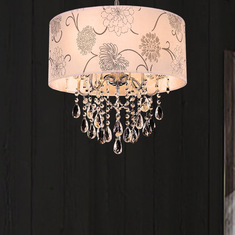 Printing Fabric Shade Pendant Light Crystal Vintage 5 Lights Ceiling Chandelier with Flower Pattern in Chrome