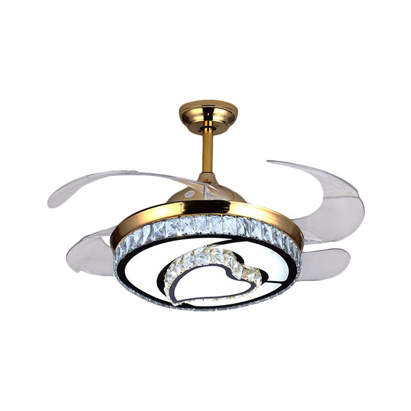 4 Blades LED Round Pendant Fan Lamp Contemporary Gold Finish Clear Crystals Semi Flush Light with Heart Design, 42" Wide