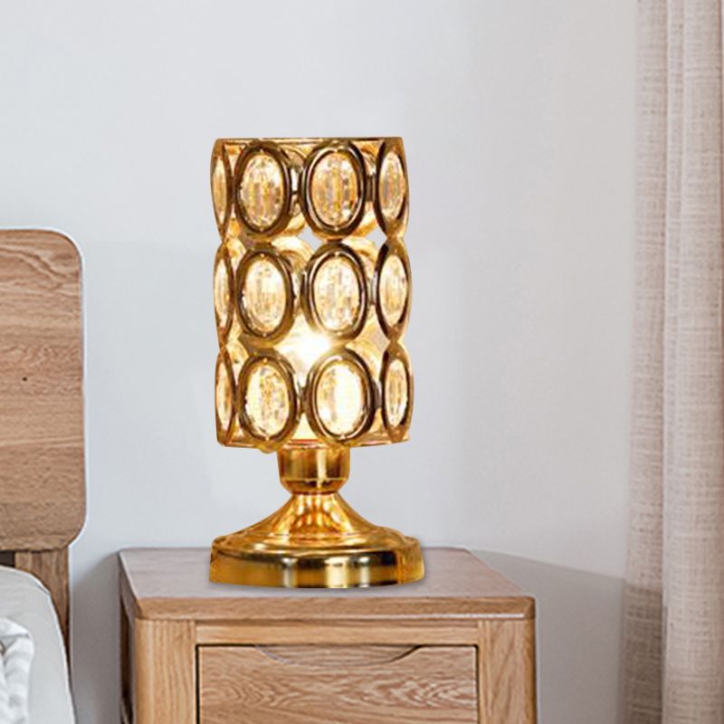 Modernism 1 Bulb Table Light with Crystal-Encrusted Shade Gold Tapered/Cylinder Reading Lamp