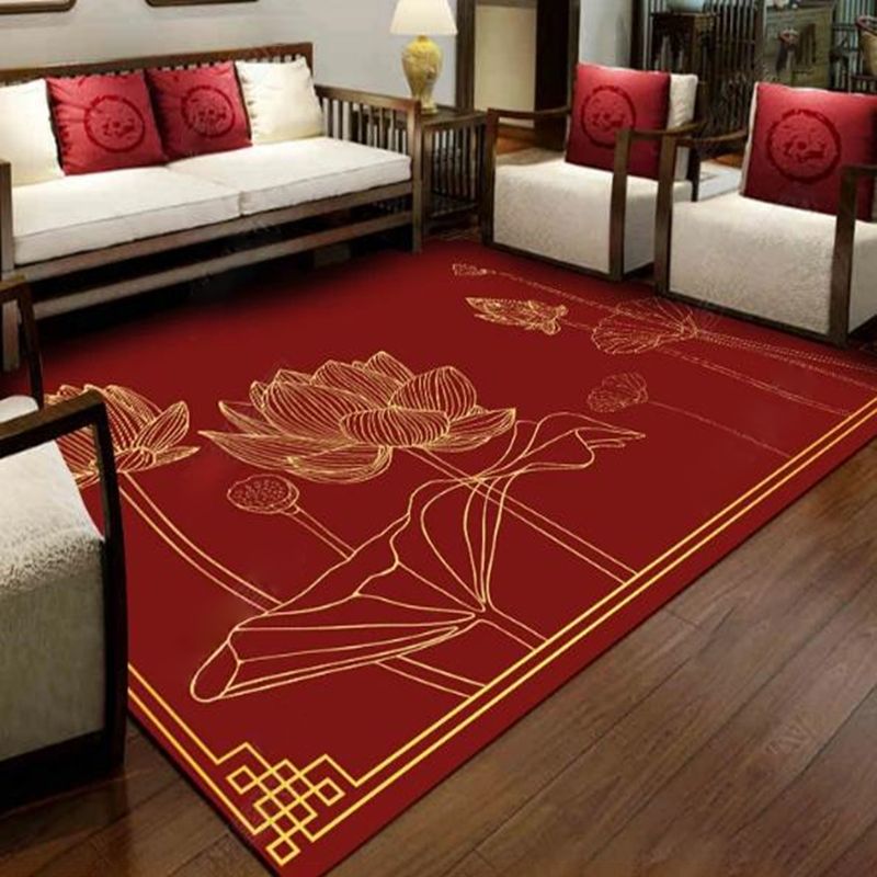 Red Tone Ginkgo Biloba Print Rug Polyester Nostalgia Anti-Slip Backing Indoor Rug for Living Room