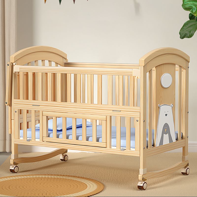 Modern Baby Crib with Guardrail with Casters/Wheels Washed Natural Nursery Bed