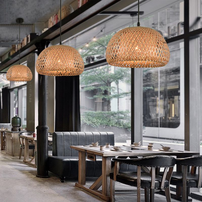 Double Walled Dome Hanging Lamp Asian Bamboo 1-Light Beige Hanging Pendant for Restaurant