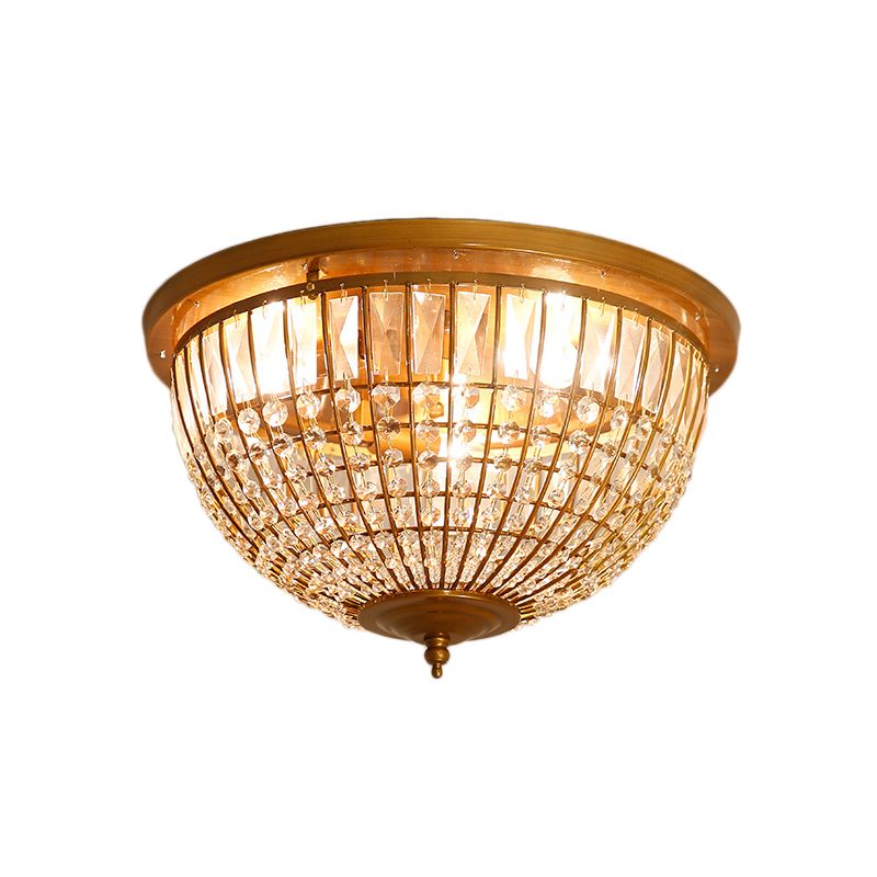 3 Lights Hallway Flush Mount Light with Dome Crystal and Metal Shade Postmodern Brass Ceiling Mount, 14"/18" Wide