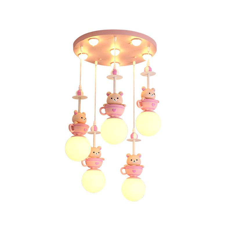 5-Light Nursery Room Suspension Lamp Modern Pink Multi Light Pendant with Global Cream Glass Shade, Warm/White Light