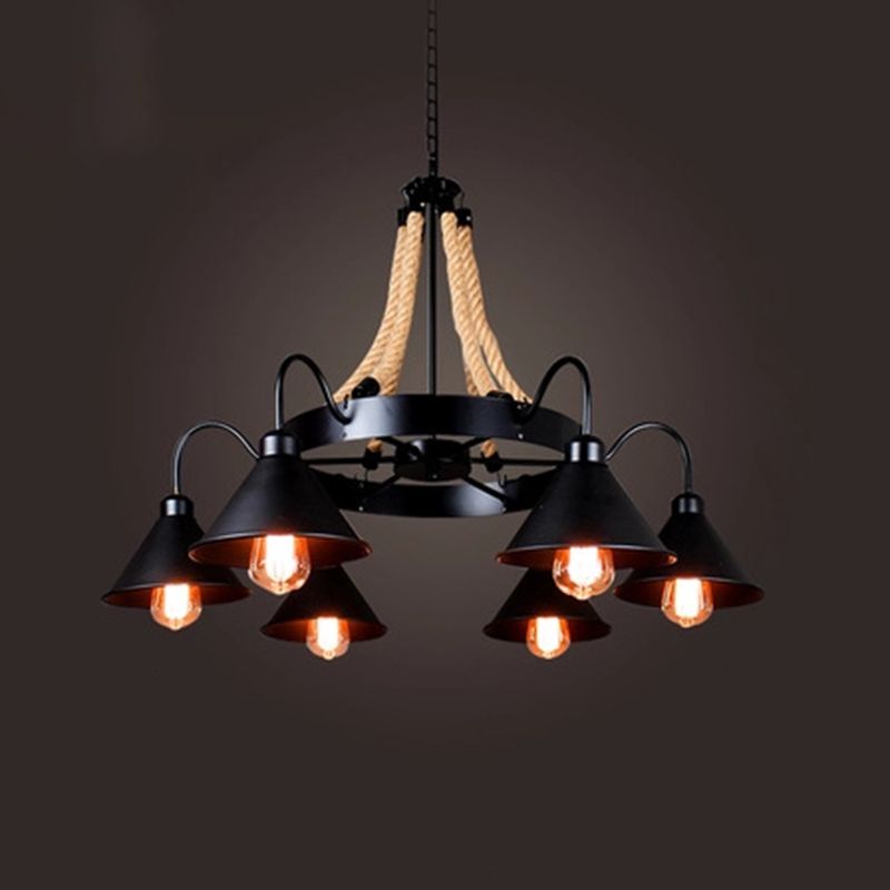 Industrial Art  Hanging Chandelier Light with Rope and Cone Metal Shade in Black