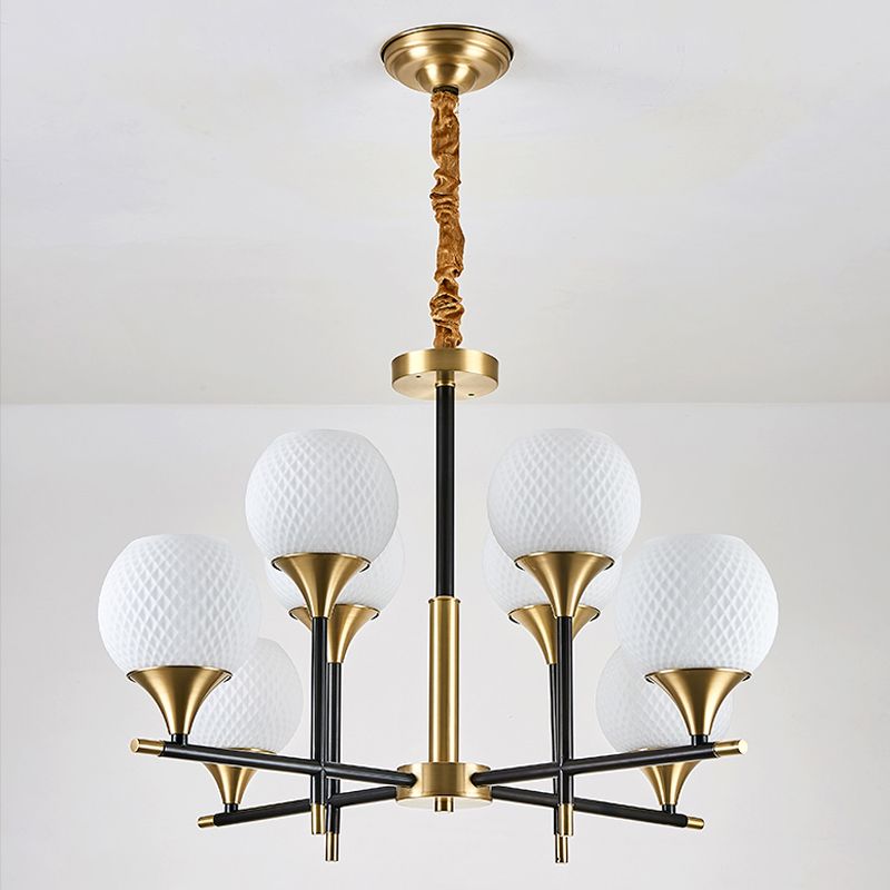 Contemporary Global Chandelier Lighting White Glass 8 Bulbs Bedroom Brass Hanging Lamp with Vertical Design