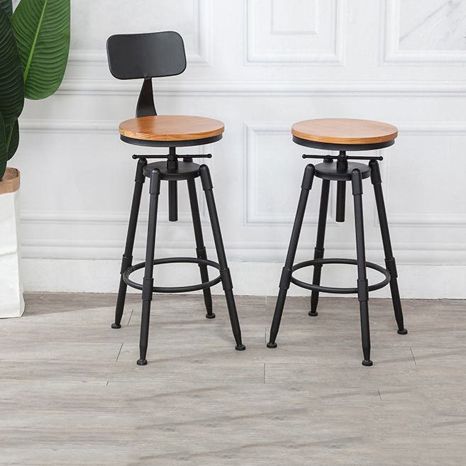 Industrial Metal Stool Wood Round Seat Adjustable Counter Stool in Matte Finish