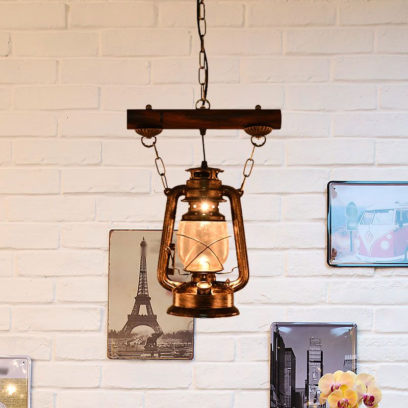 1 Light Kerosene Pendant Lighting Antique Bronze Clear Glass Hanging Light Fixture for Bedroom