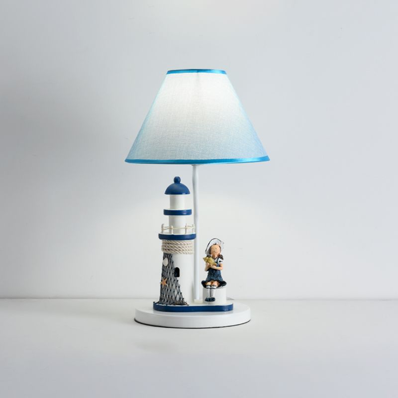 Conical Task Lighting Kids Style Fabric 1-Head Bedroom Table Light with Boy/Girl and Lighthouse Deco in Blue