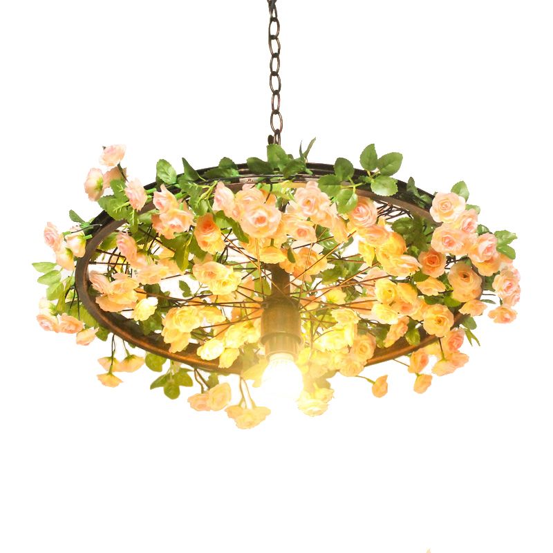 8,5 "/ 15" W Wheel Restaurant lampe à chute de la lampe à chute de fer 1 Bulbe Pink / Blue Down Lighting Pendent avec décoration de fleurs artificielles