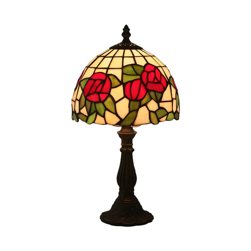 1-Light Nightstand Light Baroque Style Domed Stained Art Glass Bloom Patterned Night Lighting in Red/Pink for Bedroom