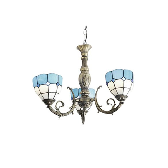 Blue Bowl Shade Chandelier Lights Tiffany Stained Glass 3-Light Chandelier Light Fixture in Blue