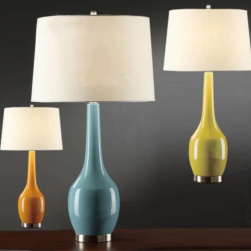 Tapered Drum Fabric Table Light Modern 1-Light Yellow/Blue/Orange Nightstand Lamp with Long Neck Vase Base