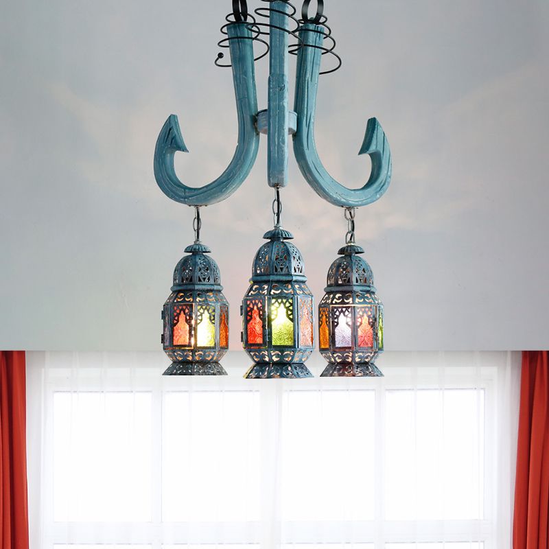 3 Lights Lantern Pendant Chandelier Mediterranean Blue Metal Hanging Lamp with Wooden Hook Rod