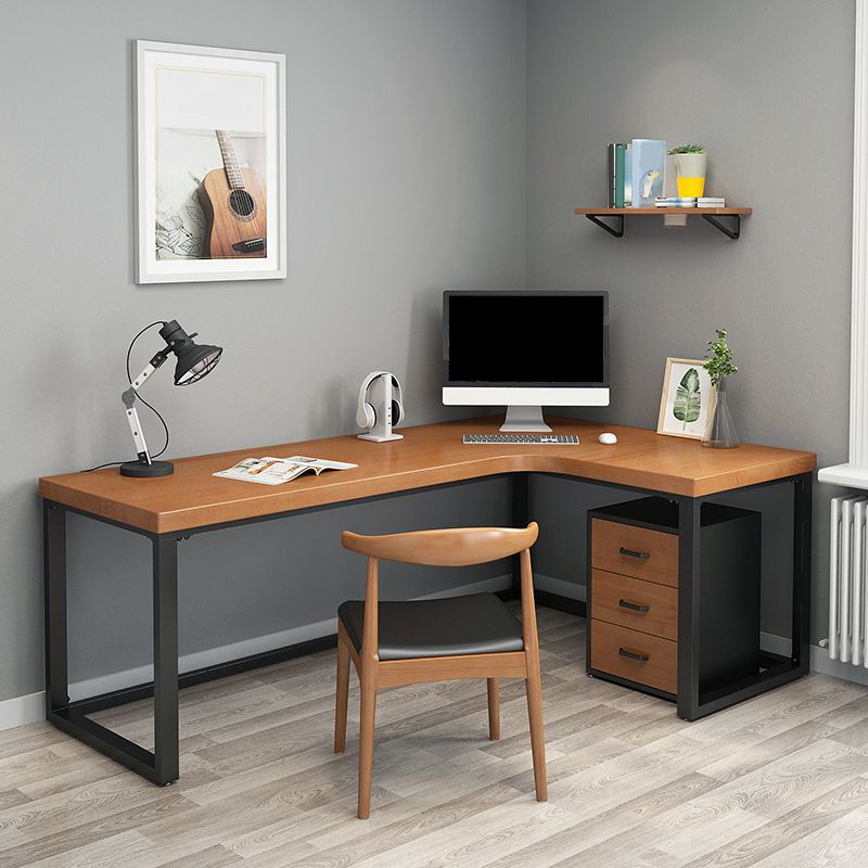 Solid Wood Writing Desk Industrial Style L-Shape Office Desk with Trestle Base