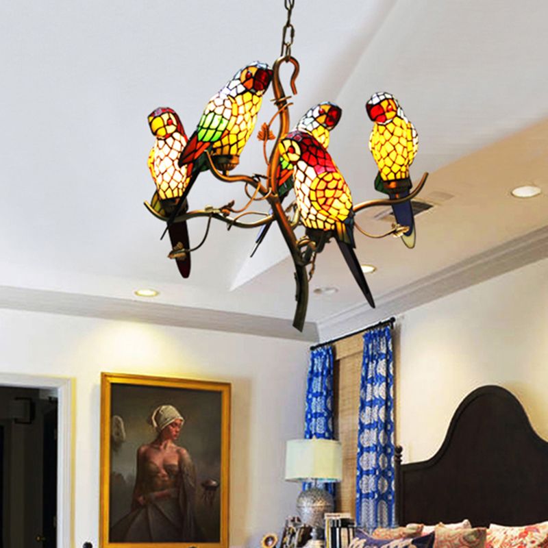 Wrought Iron Pendant Light in Tiffany Artistic Style Parrot Glass Ceiling Light for Corridor