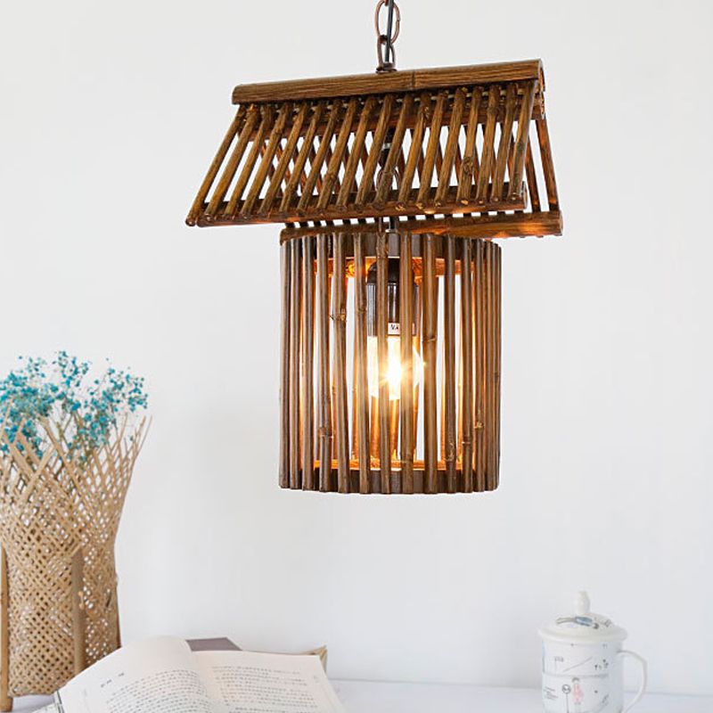 House Shape Drop Pendant Rustic Bamboo 1-Light Brown Hanging Ceiling Light for Living Room