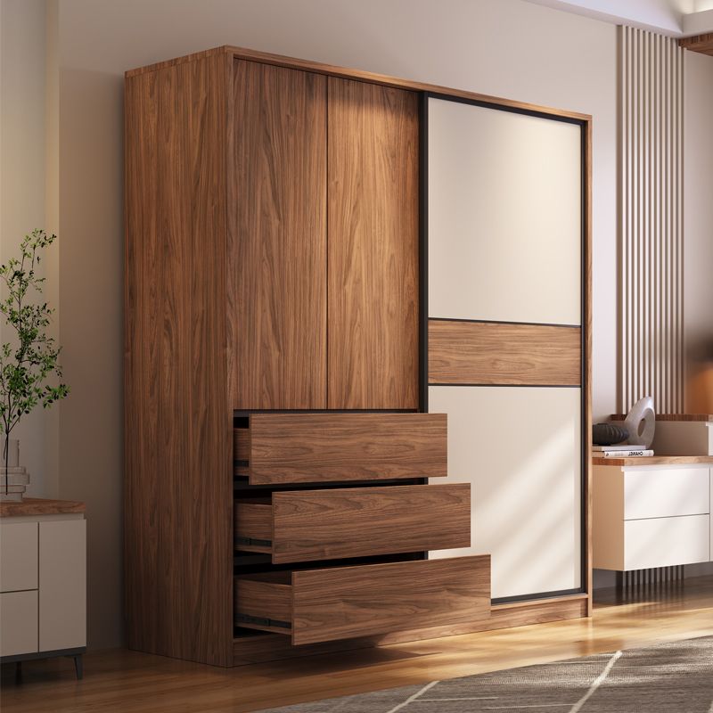 Modern Freestanding Wardrobe Brown Wood  Wardrobe Armoire with Drawers