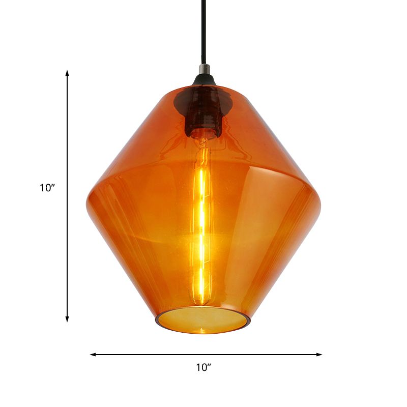 Single Light Diamond Shade Ceiling Pendant Light Vintage Black Orange/Blue/Green Glass Hanging Lamp