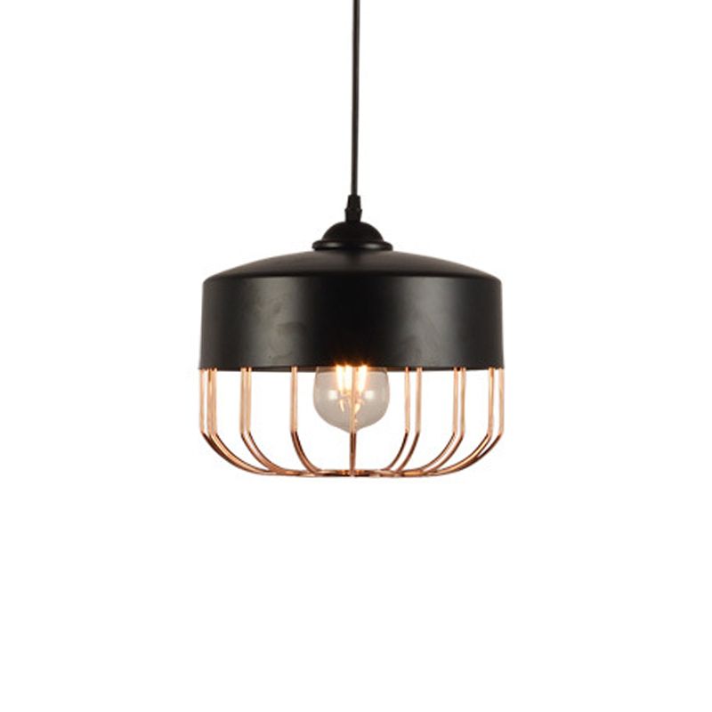 Iron Geometrical Cage Pendant Light Antique 1-Light Dining Room Hanging Light Fixture in Black