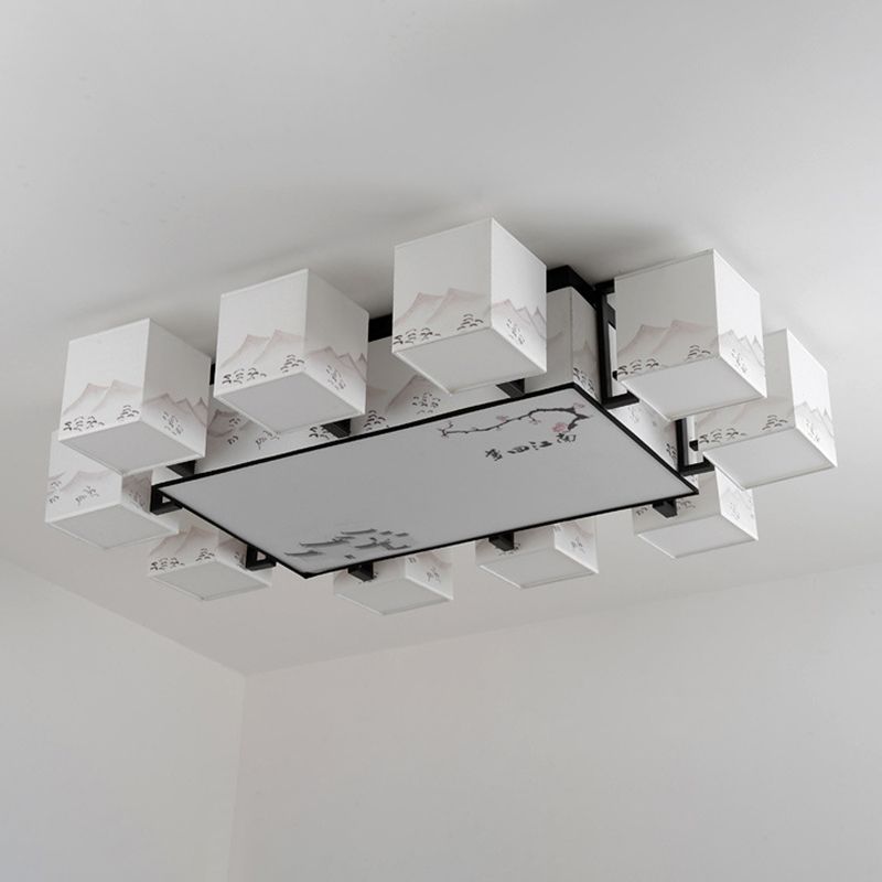 Beige Rectangular LED Semi Flush Mount in Traditional Concise Style Wrought Iron Ceiling Light with Fabric Shade