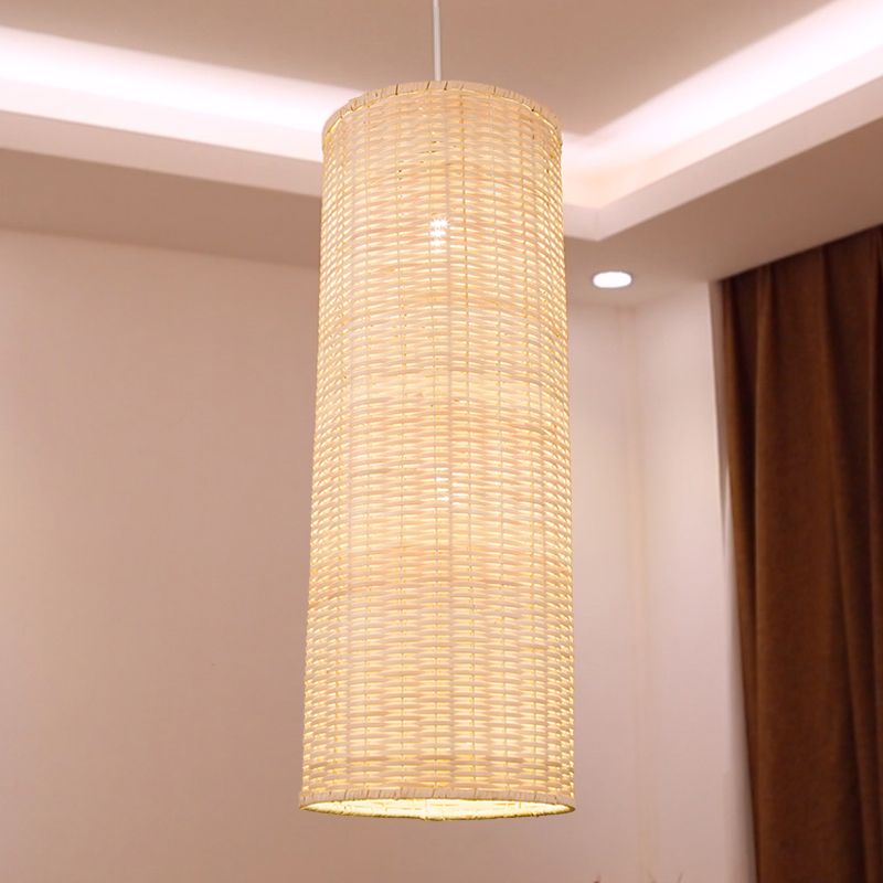 Minimalist Column Hanging Light Bamboo Rattan 1 Head Living Room Ceiling Pendant in Beige