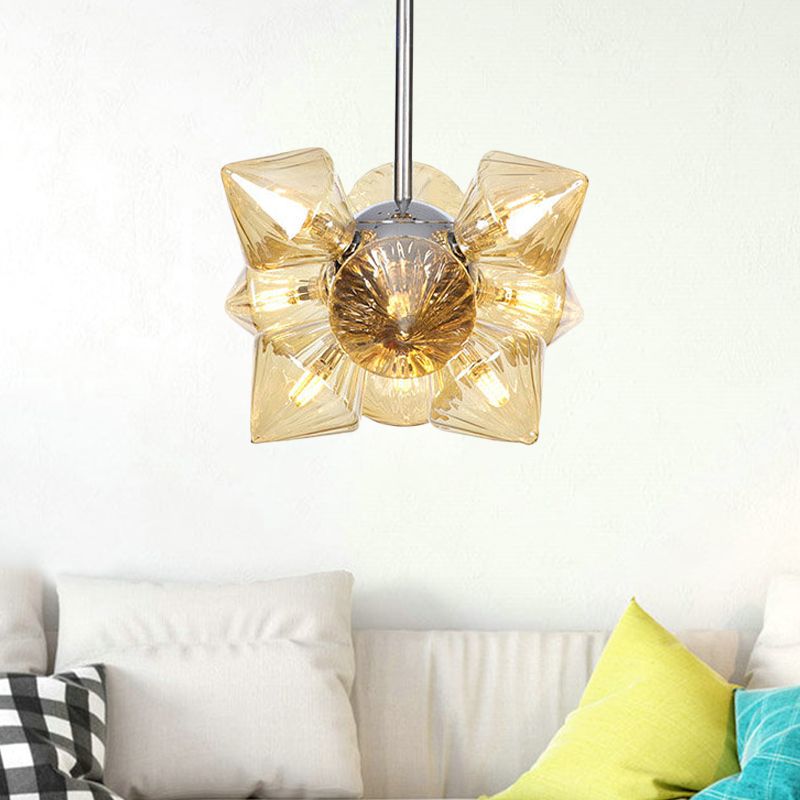 Diamond Hanging Chandelier Modernism Amber Glass 9/12 Heads Ceiling Pendant Light in Chrome